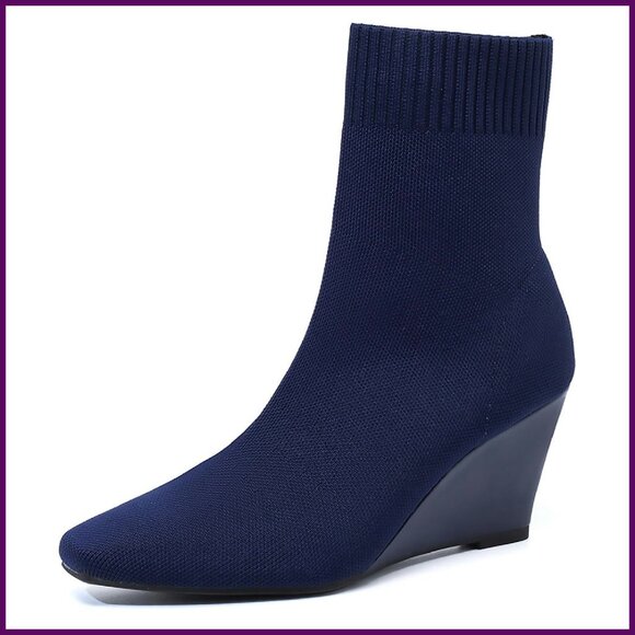 Knitted Wedge Ankle Boots Square Toe Pull-On Booties Casual Party